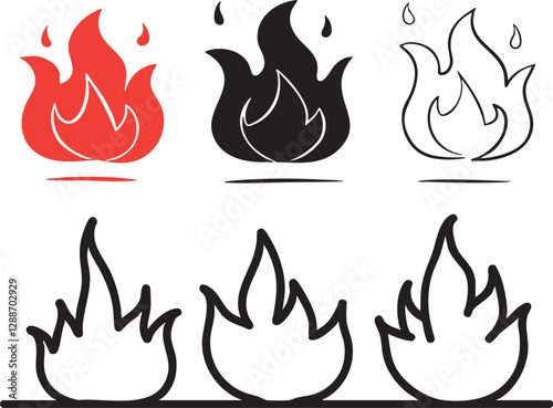 Fire flame vector icons. Flaming badge. Igniting border and lines.