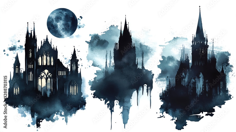 Naklejka premium Dark moody watercolor themes. Dark moody watercolor themes. Gothic architecture silhouettes at night.