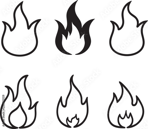 Fire flame vector icons. Flaming badge. Igniting border and lines.