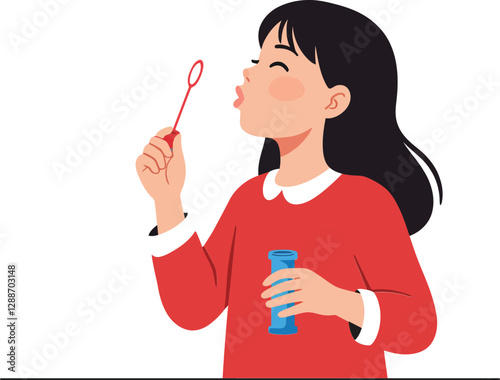 Girl blowing bubbles with joyful expression in flat vector illustration