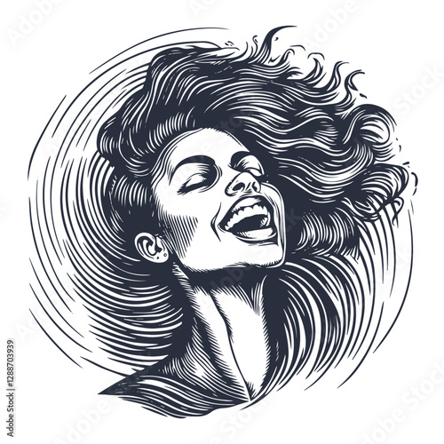 A woman laughing with her head thrown back. Engraving sketch black and white, 2 colors EPS 10