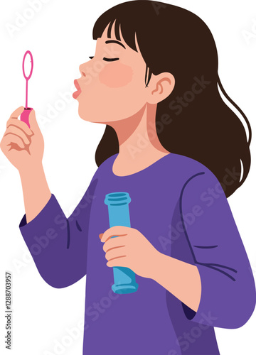 Girl blowing bubbles in playful expression, flat vector illustration showcasing joy and creativity in vector art