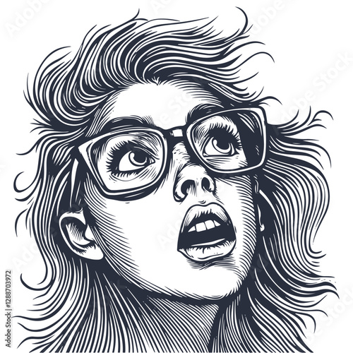 A teenage girl with glasses, widening her eyes in shock. Engraving sketch black and white, 2 colors EPS 10