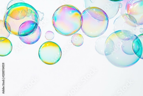 Colorful soap bubbles floating against a white background, showcasing vibrant hues and playful reflections, perfect for creative projects or children s themes photo