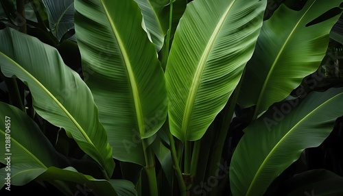 Lush Green Banana Leaves Growing in a Dense Tropical Environment