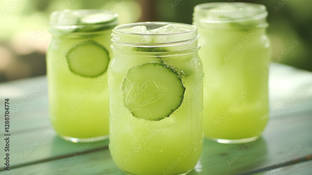 Refreshing Cucumber Lemonade in Glass Jars with Ice and Slices Refreshing Cucumber Lemonade in Glass Jars with Ice and Slices