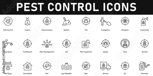 Pest Control Icons vector illustration with thin line editable stroke containing fly, rat, household, bed bugs, toxic, spider, ant, cockroach, pest management, mosquito, tick, insects, bee, pesticide.