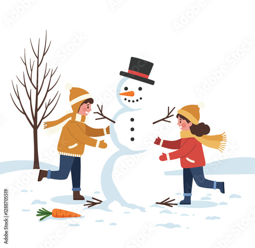 Children playing joyfully while building a snowman in flat vector art