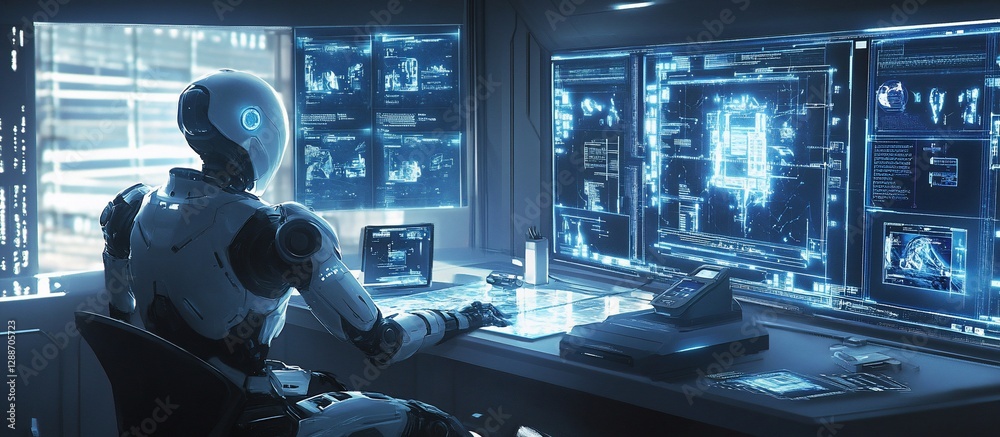 custom made wallpaper toronto digitalFuturistic robot analyzes data on multiple screens in a high-tech control room.