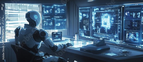 Wallpaper Mural Futuristic robot analyzes data on multiple screens in a high-tech control room. Torontodigital.ca