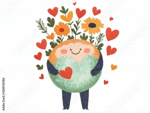 Cute character holding a heart surrounded by flowers and hearts in a joyful, colorful illustration perfect for celebrating love and friendship