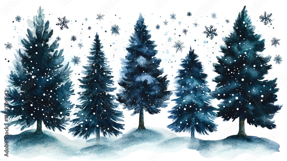 Obraz premium Dark moody watercolor themes. Dark moody watercolor themes. Winter pine trees with snowflakes background.