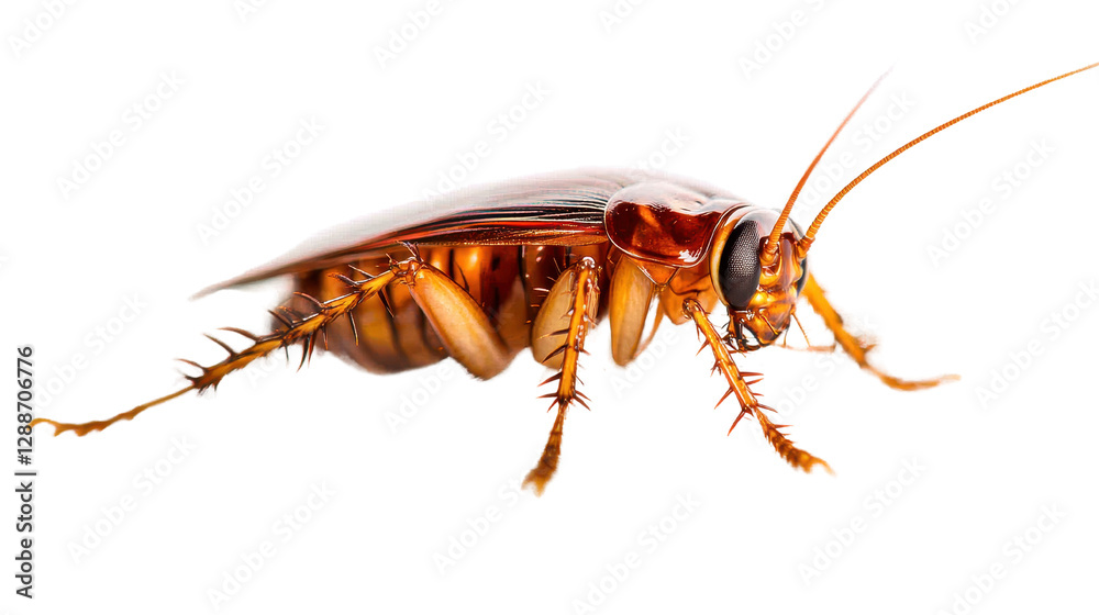 Cockroach on white surface, detailed insect with segmented body and long antennae, emphasizing resilience and adaptability. Isolated on white background or PNG Cockroach on white surface, detailed insect with segmented body and long antennae, emphasizing resilience and adaptability. Isolated on white background or PNG
