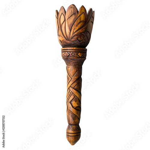 Intricately carved wooden torch, detailed craftmanship displayed in ornate design, perfect for rustic decor or themed events. Isolated on white background or PNG