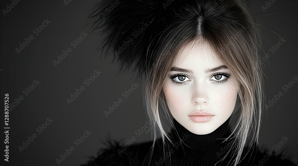Woman's portrait, dark background, stylish hair, winter fashion Woman's portrait, dark background, stylish hair, winter fashion
