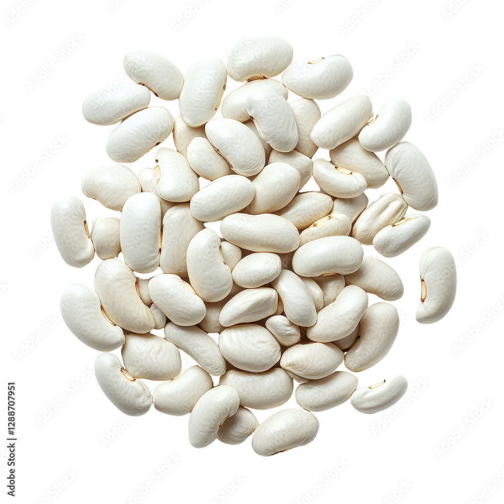 Dried white beans scattered, small oval-shaped legumes with smooth texture, ideal for cooking and healthy recipes. Isolated on white background or PNG Dried white beans scattered, small oval-shaped legumes with smooth texture, ideal for cooking and healthy recipes. Isolated on white background or PNG