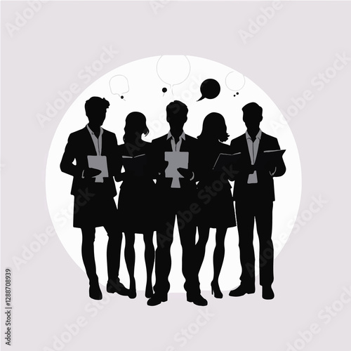 A professional business illustration in a modern flat design style. Three silhouetted business professionals stand against a circular, neutral-colored background. Two women, dressed in formal business