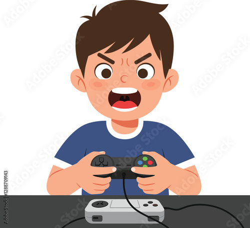 Boy expressing frustration while playing video games in flat vector art