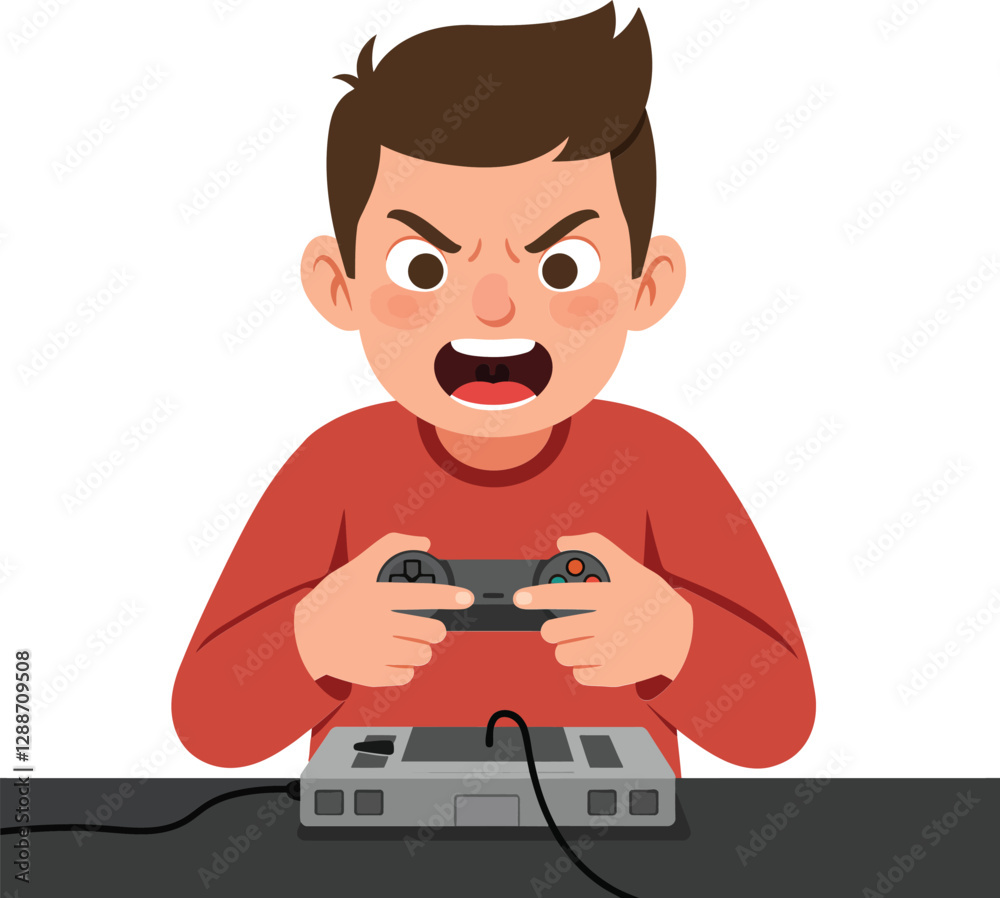 Angry boy playing video game in flat design vector art Angry boy playing video game in flat design vector art