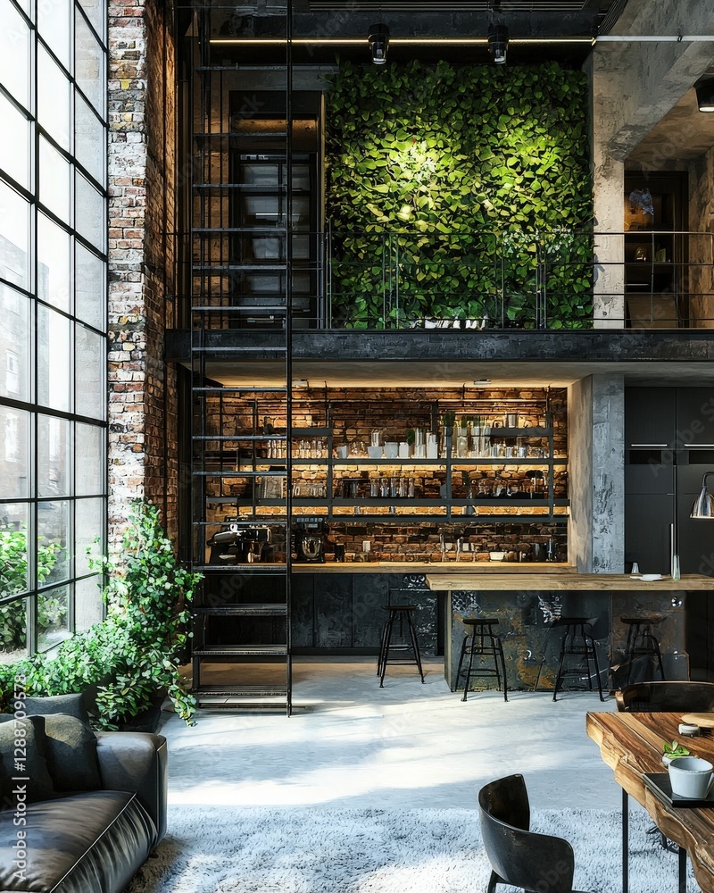 A modern industrial loft featuring open shelving and greenery A modern industrial loft featuring open shelving and greenery