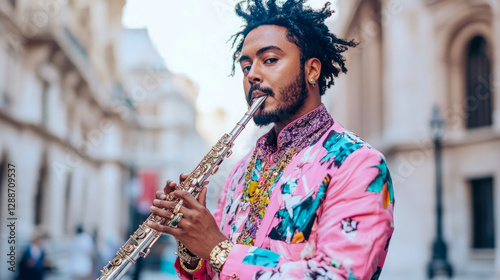 Musical Expression: Man Playing Flute in Vibrant Urban Scene