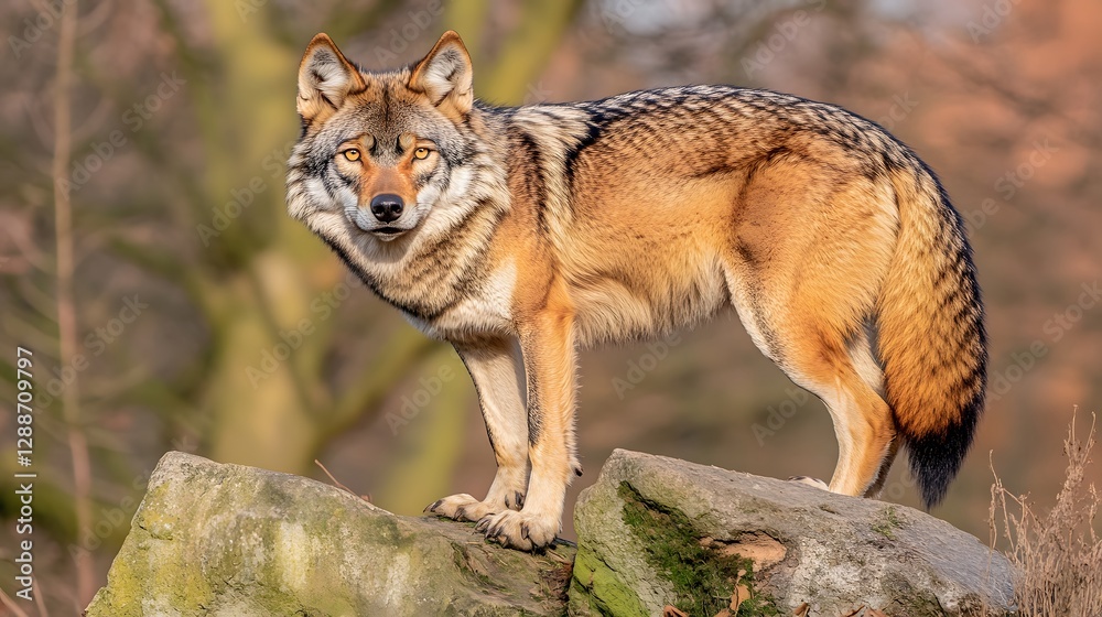 Fototapeta premium Alert Wolf Standing on Rocky Outcrop in Natural Forest Environment During Golden Hour