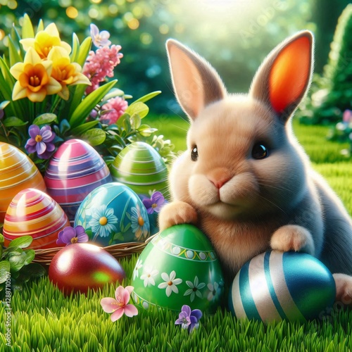 Cute Easter bunny with shiny eggs