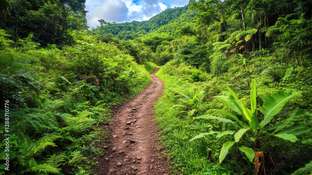 A serene trail meanders through lush greenery, with vibrant plants and hills in the background, inviting exploration and adventure A serene trail meanders through lush greenery, with vibrant plants and hills in the background, inviting exploration and adventure
