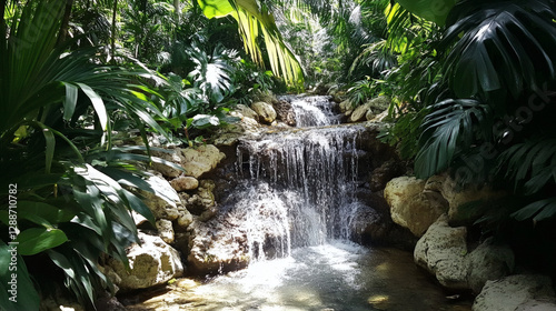 A serene waterfall cascades through lush greenery, creating a tranquil oasis surrounded by vibrant plants and rocks