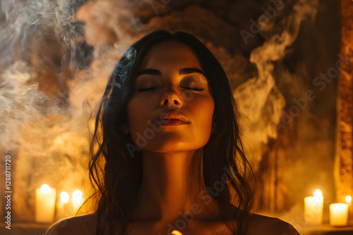 A wiccan witch practitioner meditating in front of a candle-lit altar, eyes closed, with incense smoke swirling