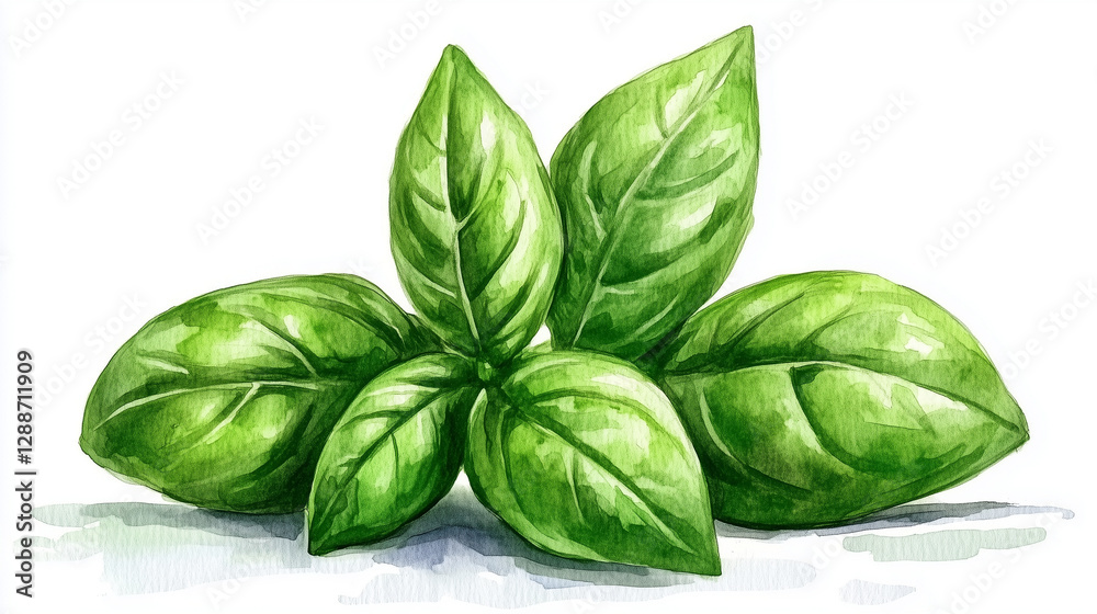 Fototapeta premium Watercolor basil leaves in vibrant green colors for art and culinary purposes