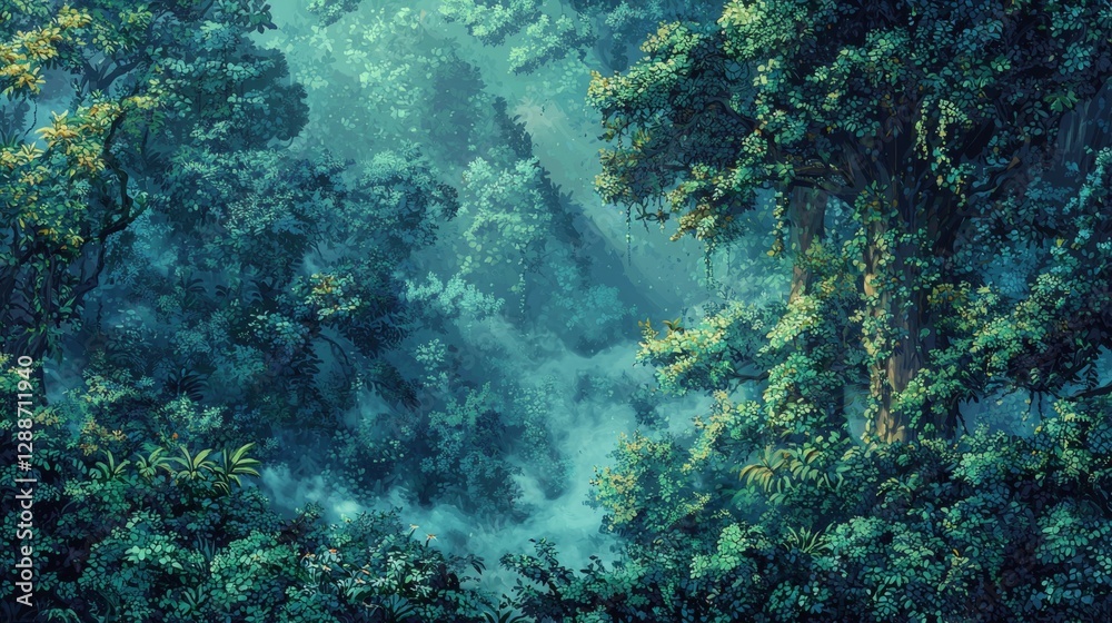 Obraz premium Lush Green Forest with Sunlight Filtering Through the Canopy, Showcasing Vibrant Flora and Mystical Atmosphere