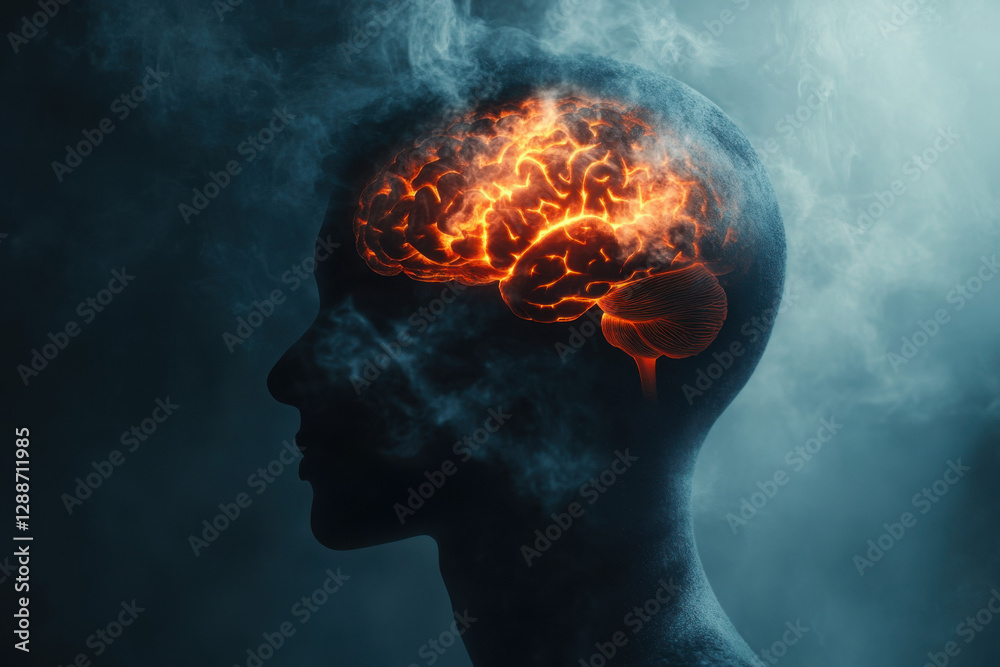 Fototapeta premium Silhouette of a human head with glowing brain illustration, surrounded by a misty, ethereal atmosphere, symbolizing cognition and creativity.