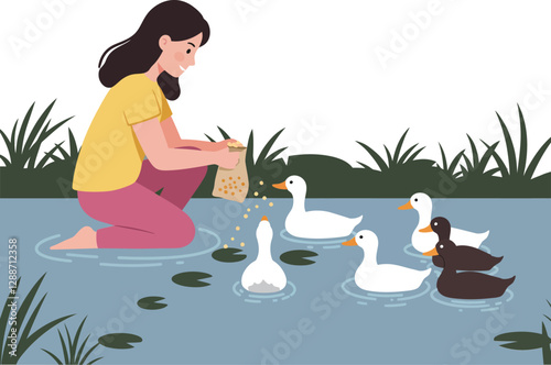 Girl feeding ducks by the pond in flat design vector illustration