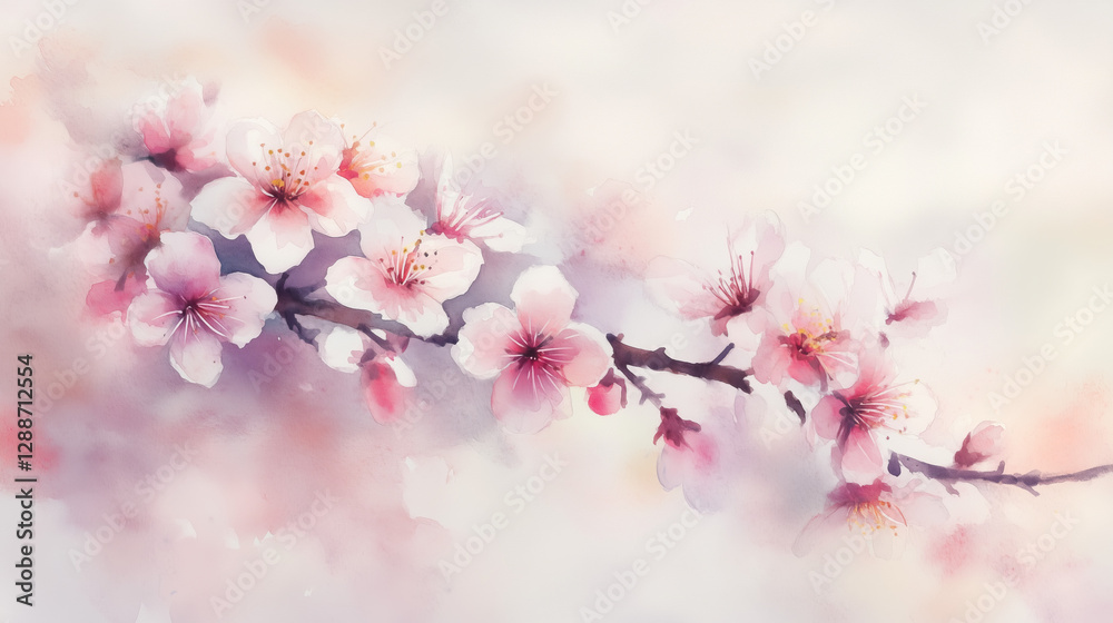 Fototapeta premium Cherry blossom branch in soft pastel colors on a blurred background 