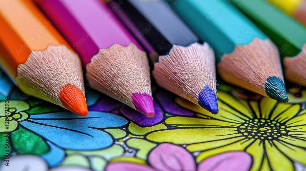 Vibrant Colored Pencils Over Flower Pattern Background Art Vibrant Colored Pencils Over Flower Pattern Background Art