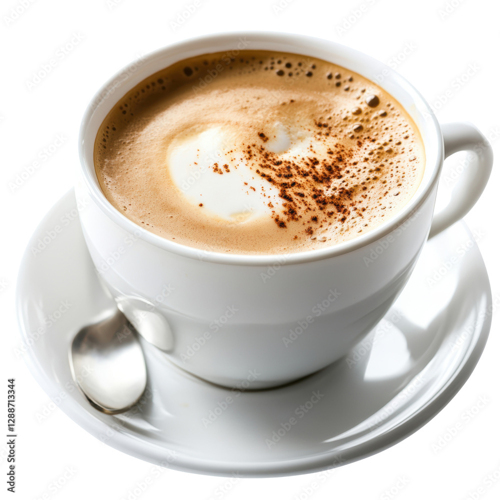 Cup of coffee with a spoon resting on the rim against a neutral background isolated on transparent background. Cup of coffee with a spoon resting on the rim against a neutral background isolated on transparent background.