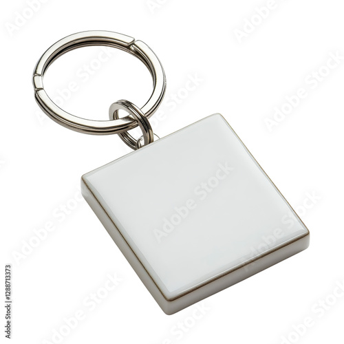 Blank keychain on a ring, simple square design, perfect for customization, ideal for promotional giveaways or personal use. Isolated on white background or PNG