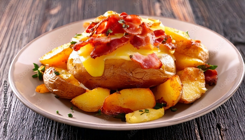 Potato french fries with cheese and bacon on top Potato french fries with cheese and bacon on top