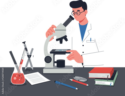Scientist using microscope in flat digital style vector art illustration