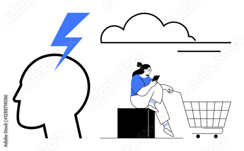 Head outline with lightning bolt, person holding device next to shopping cart, cloud. Ideal for online shopping, decision making, digital interaction, brainstorming, technology use, consumer