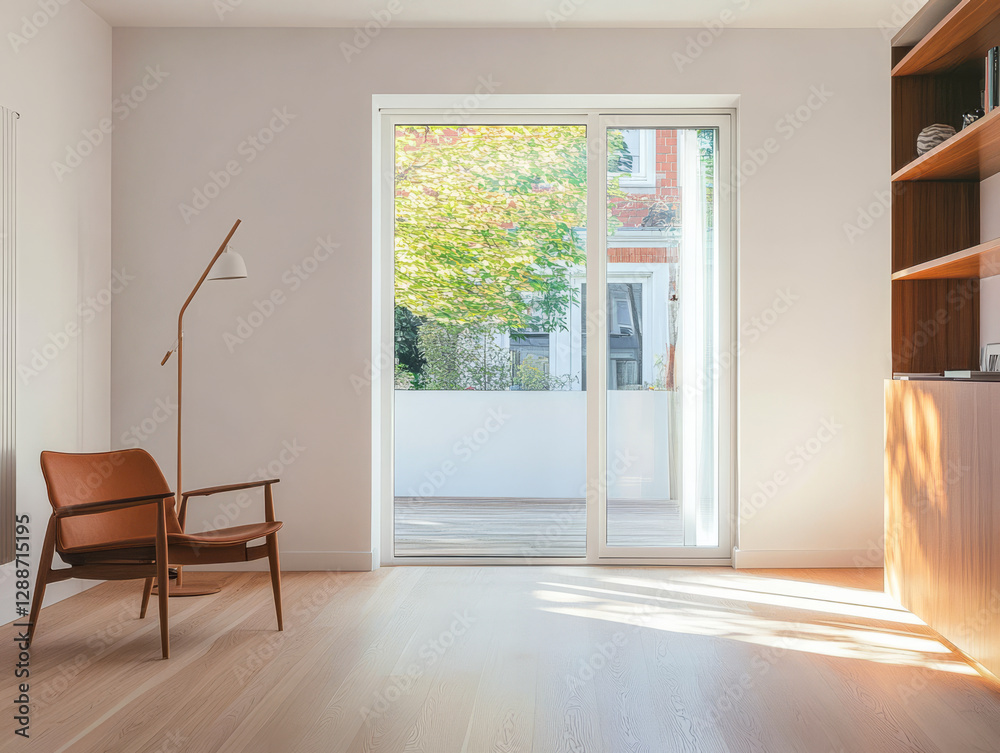 Fototapeta premium Warm sunlight streams into a cozy modern living space highlighting simplicity and comfort