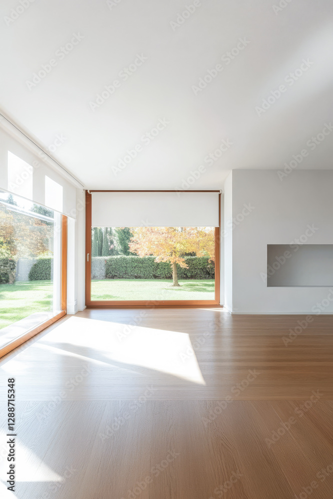 Fototapeta premium Bright modern living room with large windows overlooking a lush garden in autumn