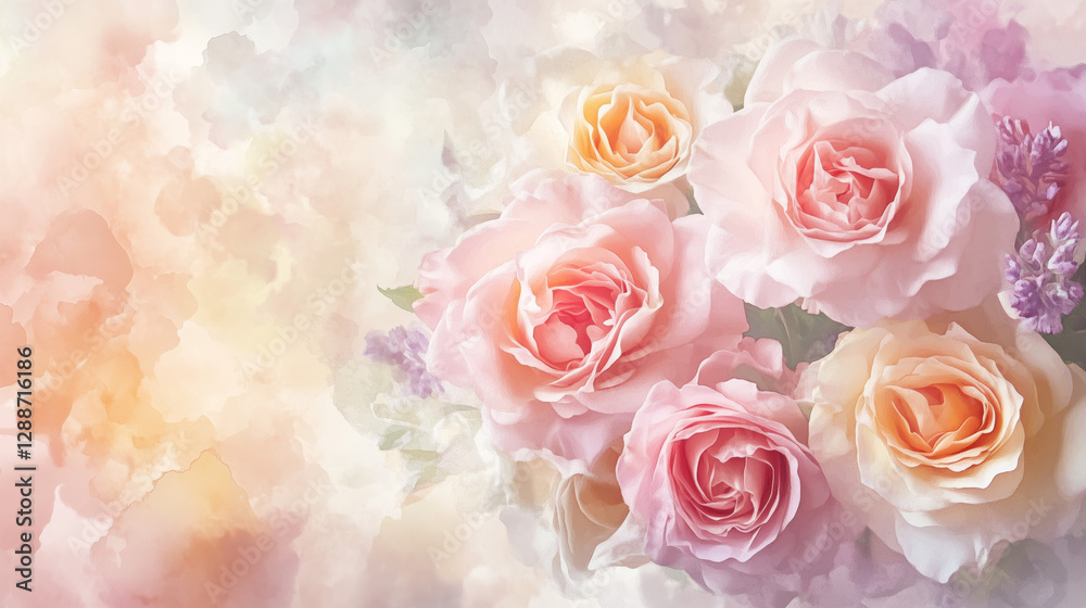 Romantic Floral Arrangement with Soft Pastel Roses for Wedding Card  