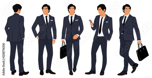 Set of Businessman character in different poses. Handsome young man wearing formal suit standing and walking, using phone, front, back and side view. Vector realistic illustration isolated 