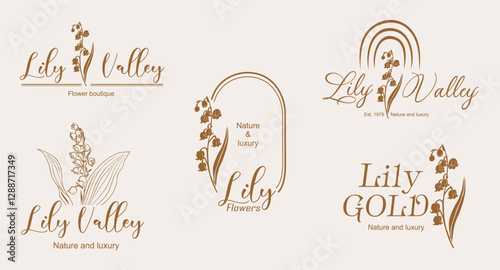 Vector luxury logo design set in trendy linear style with Lily of the Valley flowers. Golden line art logotypes on neutral background for beauty, florist emblem, jewelry, cosmetic packaging.