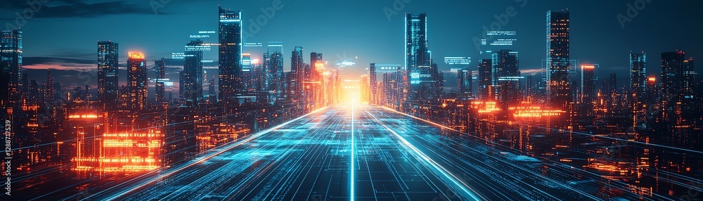 Digital artwork of a modern city skyline, central straight black road with embedded business timeline graphics, futuristic HUD elements, aerial perspective, ultraHD, cinematic glow Digital artwork of a modern city skyline, central straight black road with embedded business timeline graphics, futuristic HUD elements, aerial perspective, ultraHD, cinematic glow