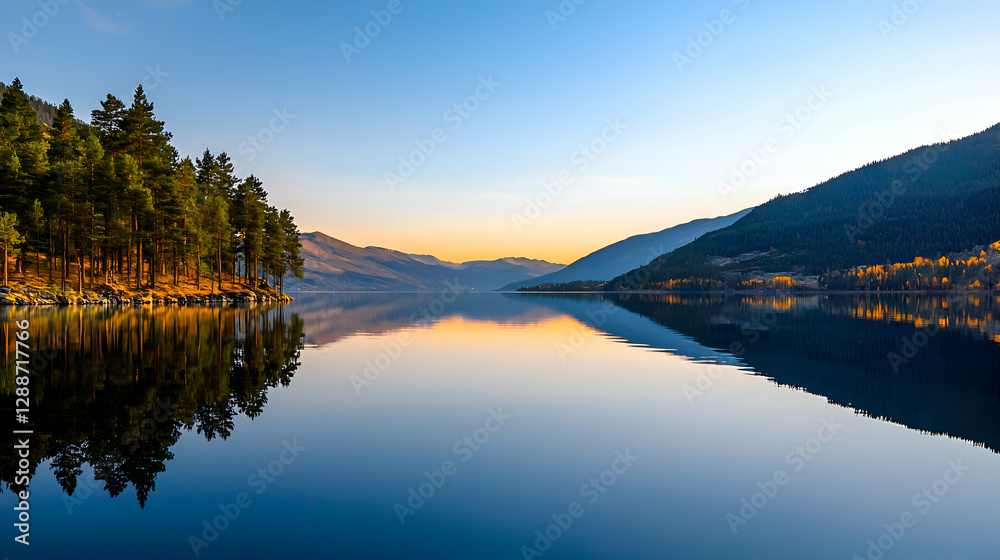 Serene Lake Reflection at Dawn with Mountain and Pine Trees Serene Lake Reflection at Dawn with Mountain and Pine Trees