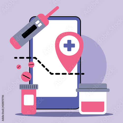 Smartphone health app with medical cross and location marker. Thermometer, pill bottles, and medication nearby. Integration of technology in health management concept