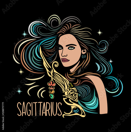 Sagittarius Zodiac sign beautiful girl hand drawn vector color illustration on black background. Astrological contemporary symbol with magic female character. Modern design wall art, t-shirt, tattoo.